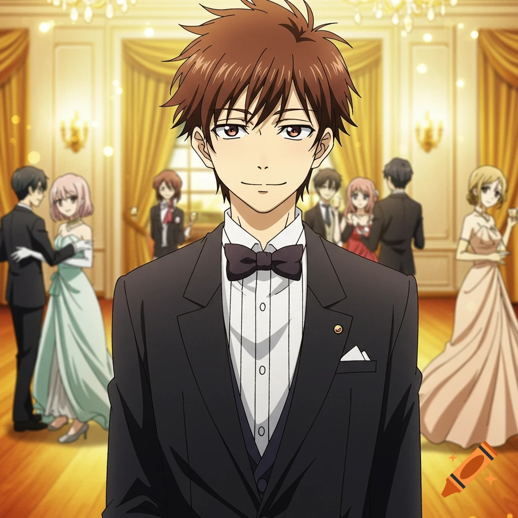 Anime character in a tuxedo at a formal party with other characters in the background