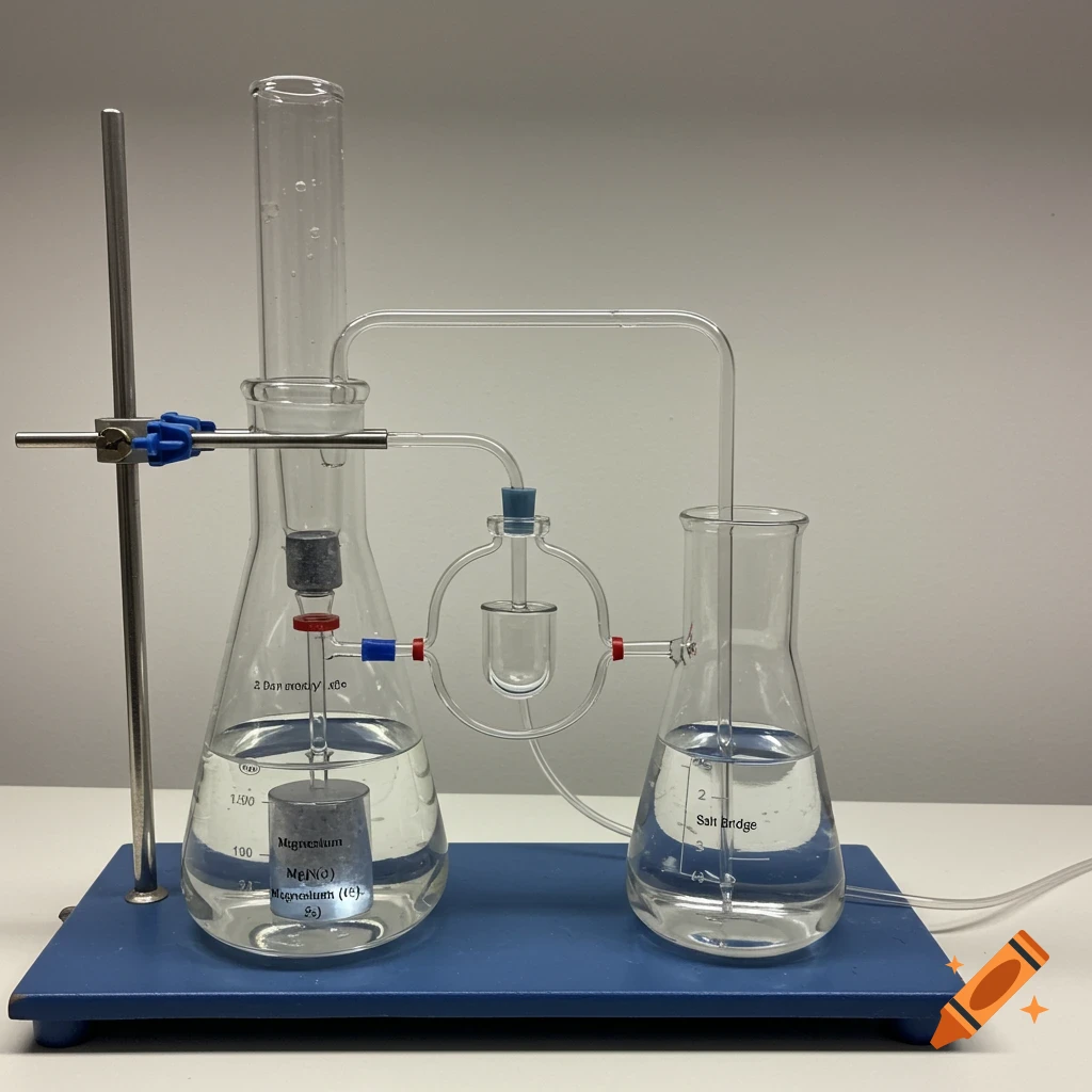 A science experiment setup featuring glass beakers, tubes, and a stand, resembling a chemical cell demonstration.