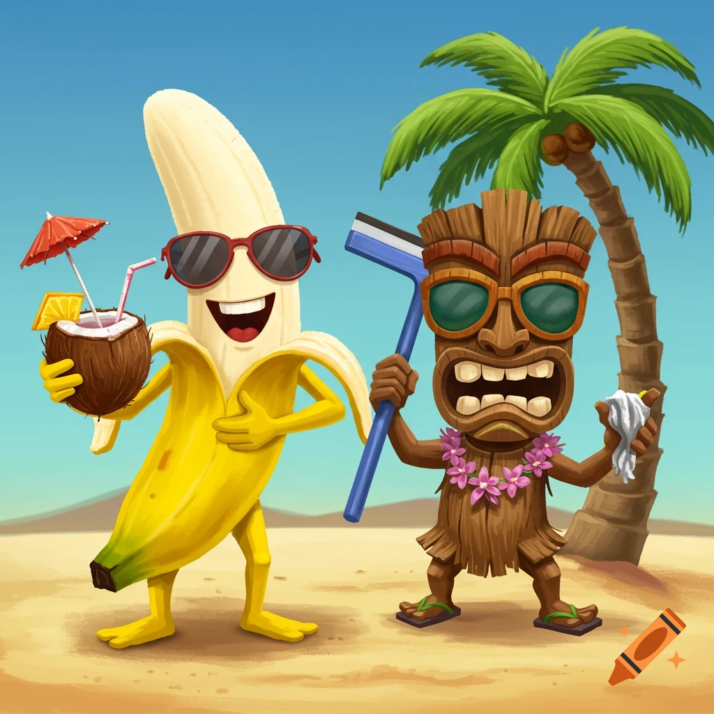 Cartoon banana with drink and tiki with squeegee on beach, both smiling with sunglasses.