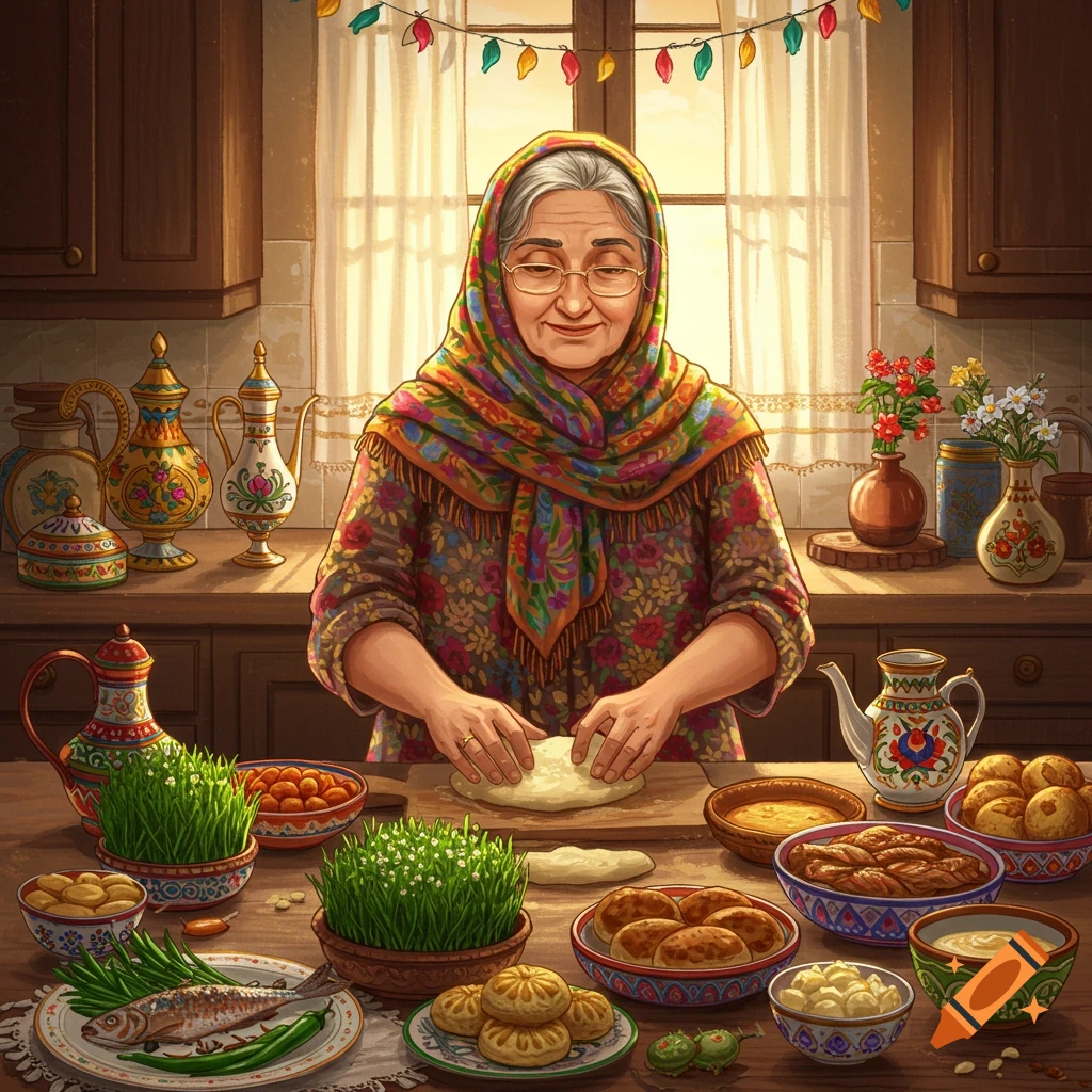 A grandmother preparing New Year's food in a kitchen filled with traditional dishes.