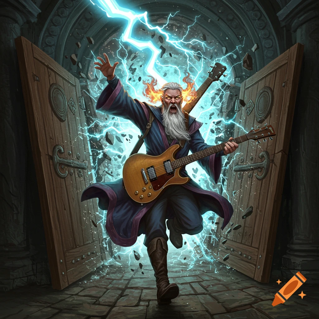 A powerful wizard with a guitar bursts through ancient doors with blue lightning.