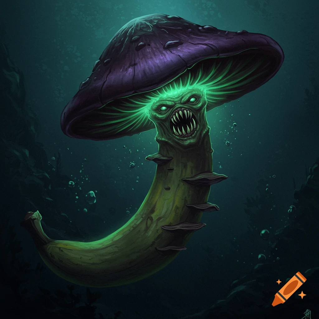 A monstrous mushroom sea creature with glowing eyes and sharp teeth.