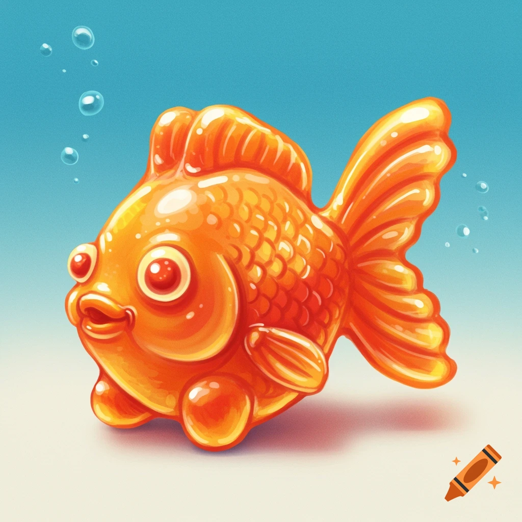 A bright orange, glossy cartoon fish character sits underwater with bubbles.