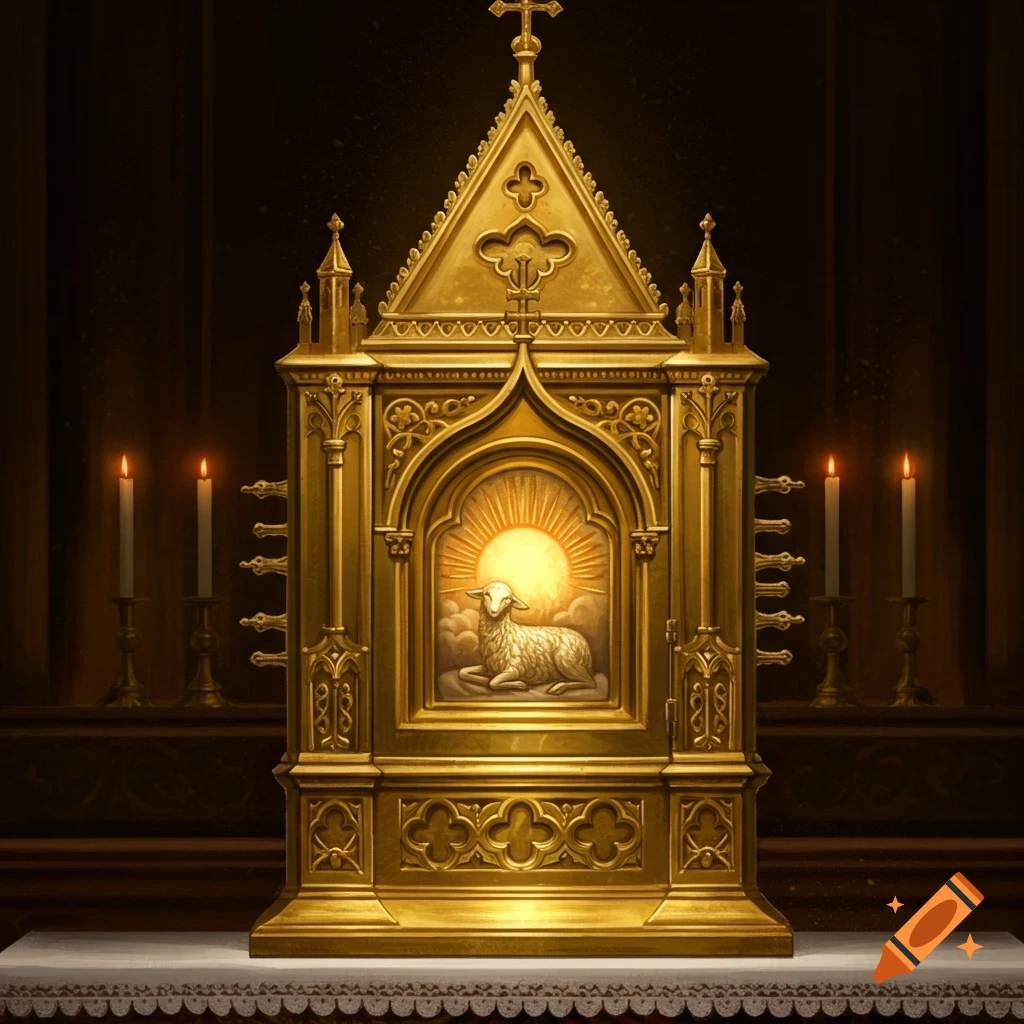 Golden ornate Catholic Tabernacle with a lamb and sun design, set in a church with lit candles.