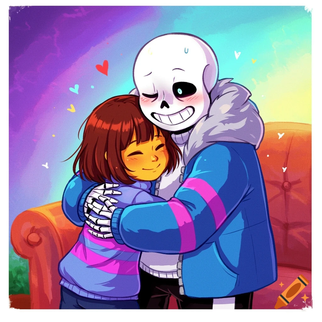 Sans and Frisk from Undertale hugging in a vibrant comic style.