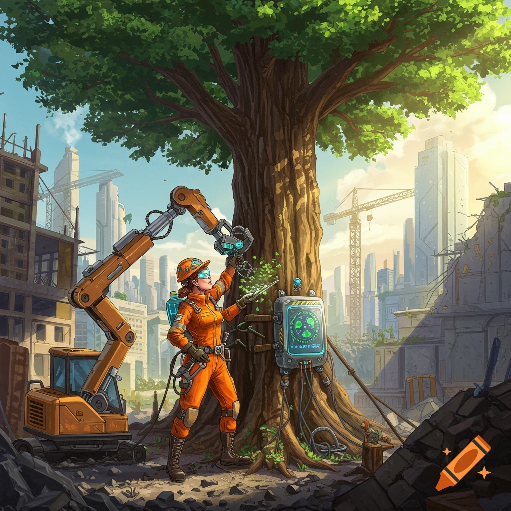 An engineer using a robot arm to work on a tree in a futuristic cityscape