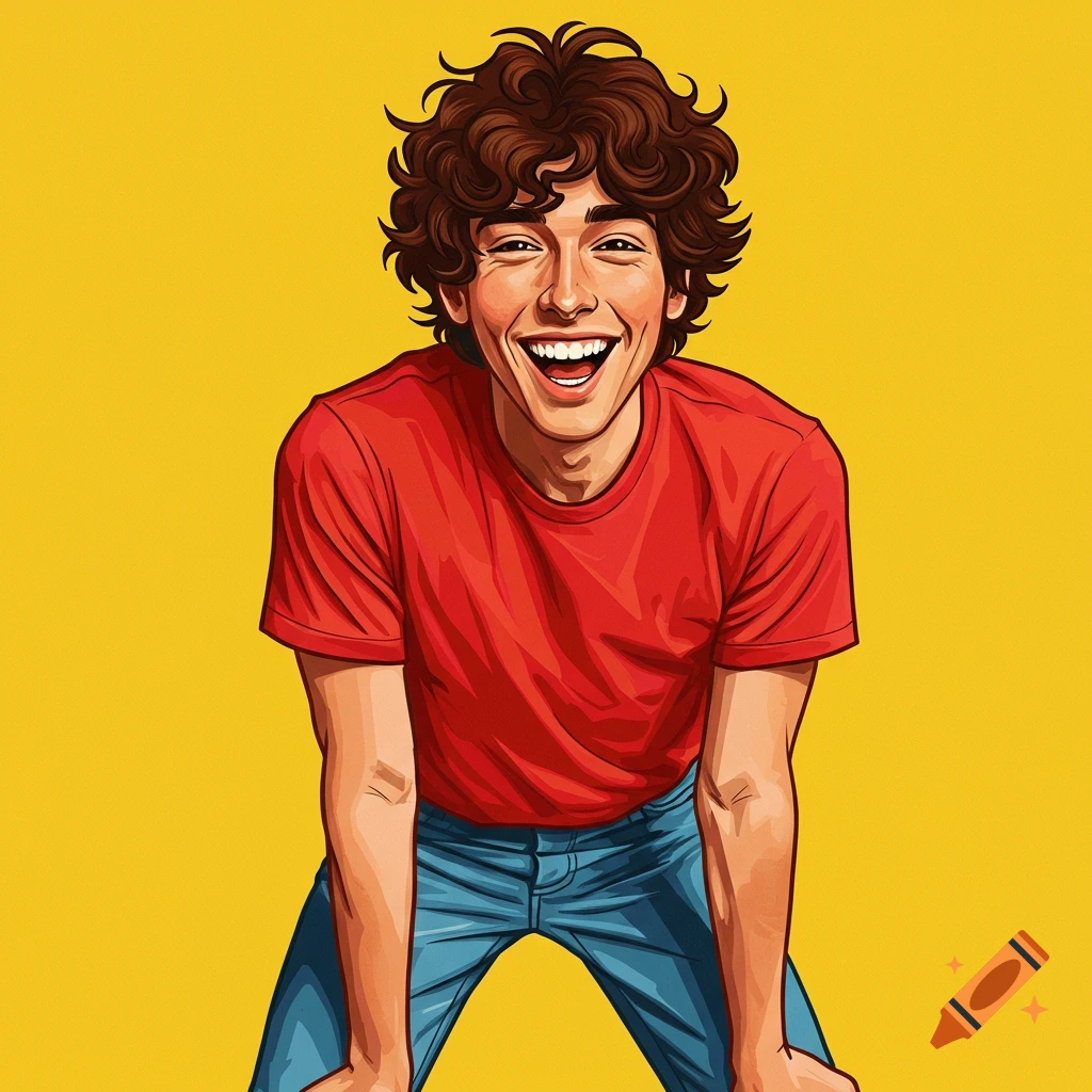 A laughing young man is depicted in a red shirt and blue jeans on a yellow background.