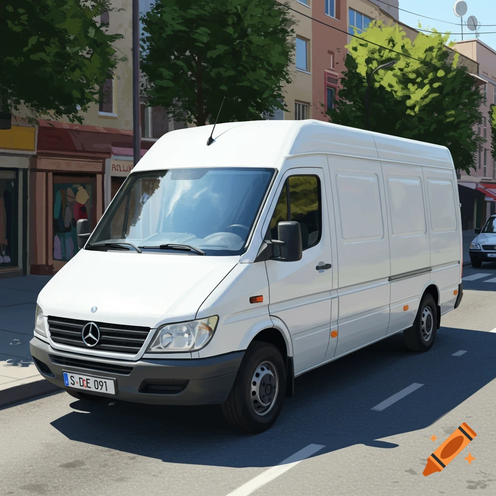 A white van driving on a city street.