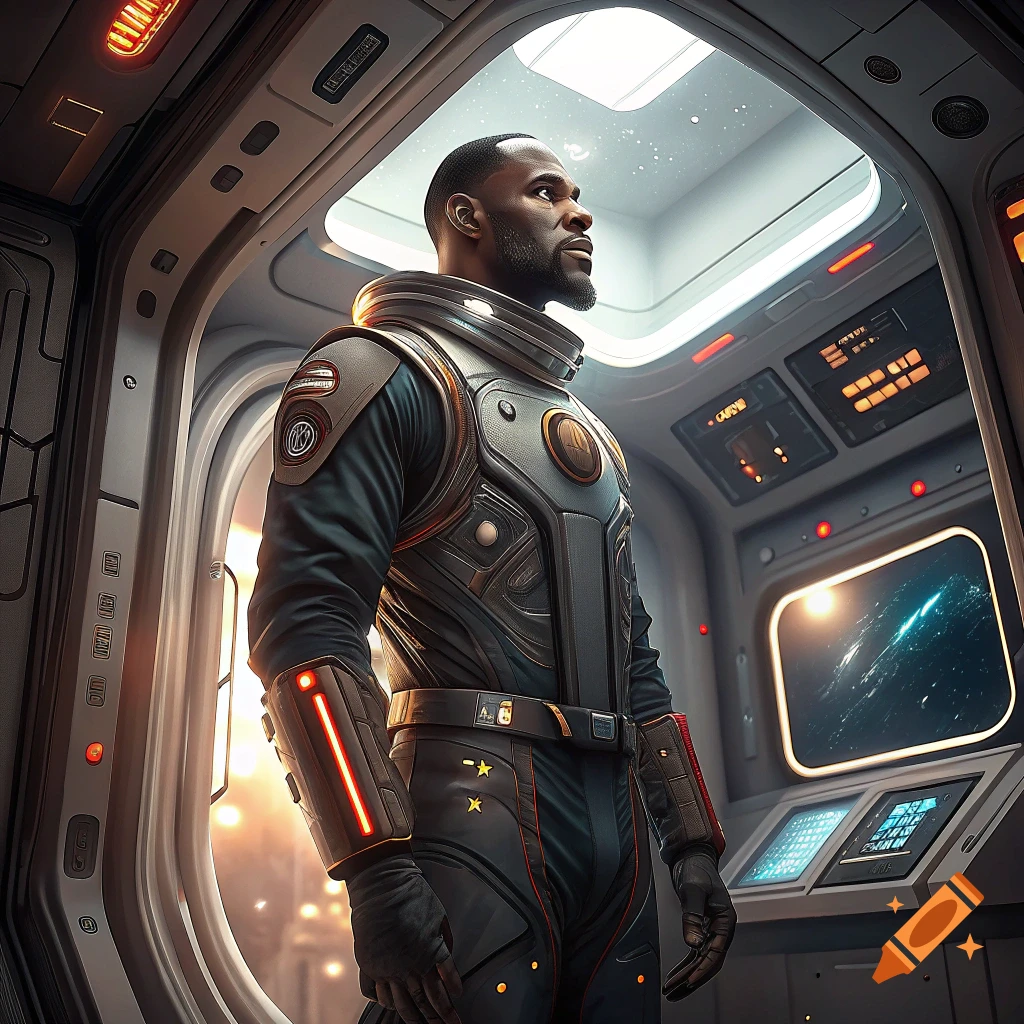 A Black man in a detailed space suit looks out a window in a spaceship cockpit, rendered in a realistic style.