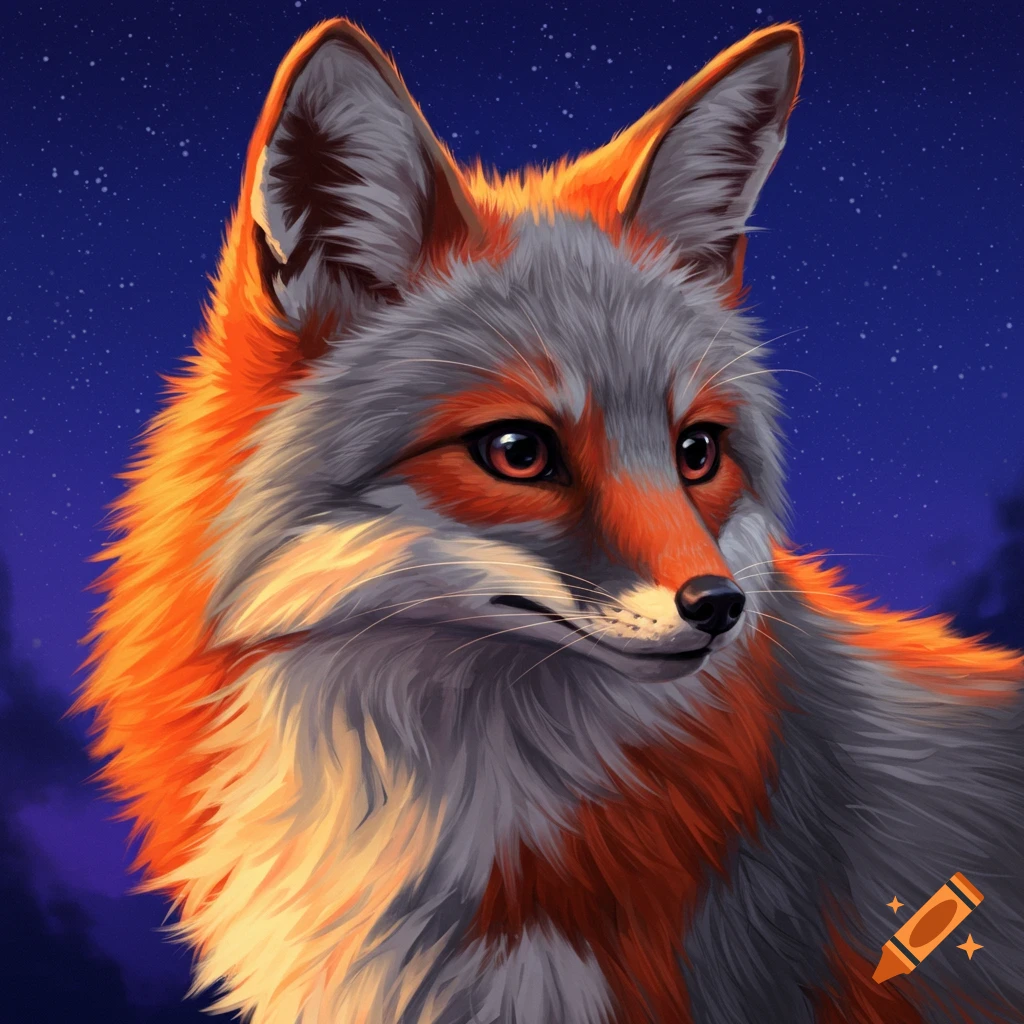 A stylized close-up of a grey and orange fox against a starry night sky.