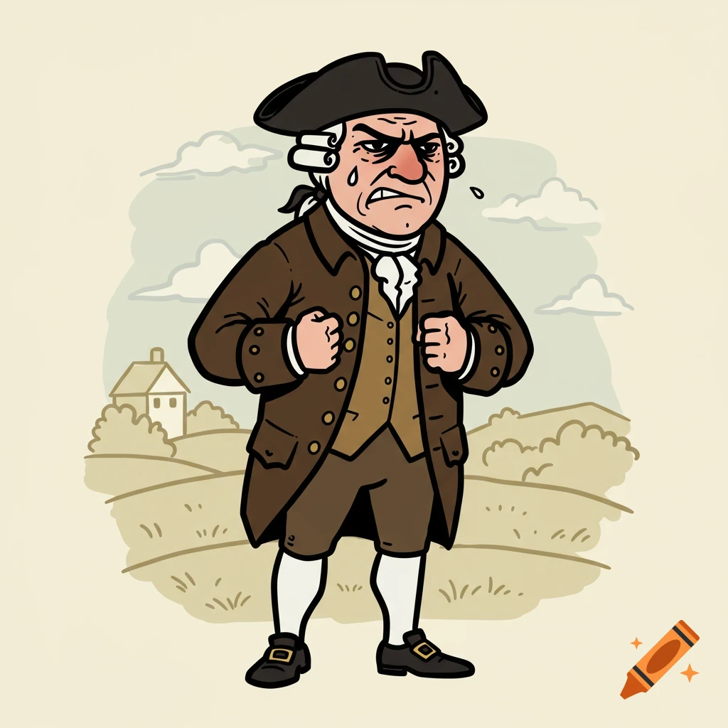 Clip art illustration of an angry American colonist with fists clenched in a rural setting.