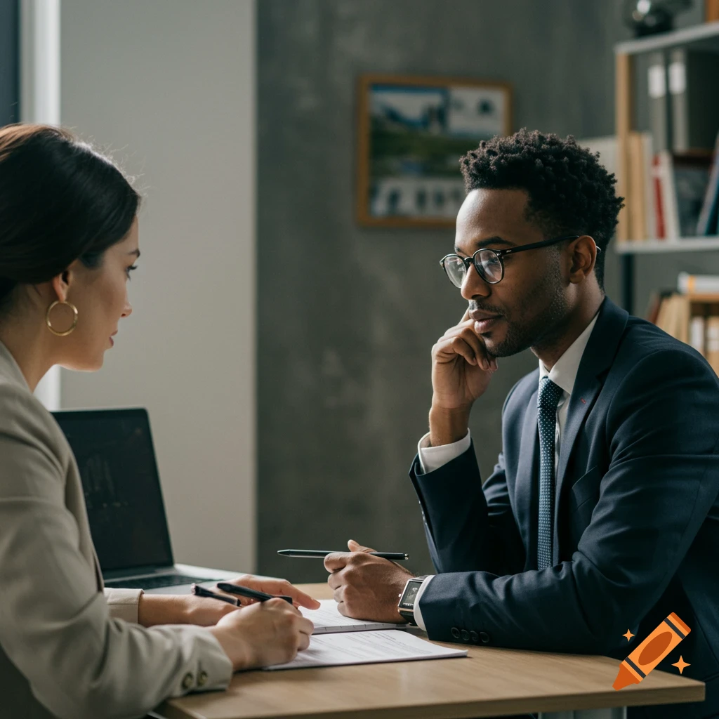 Two business professionals sit at a desk reviewing documents during a meeting.