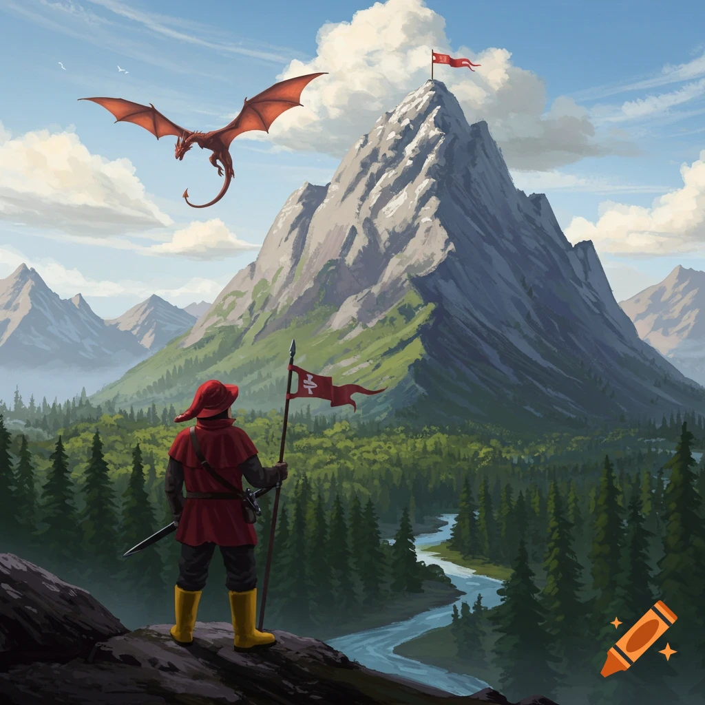 A person stands gazing at a mountain adorned with a flag, while a dragon soars overhead and a forest and river fill the landscape below.