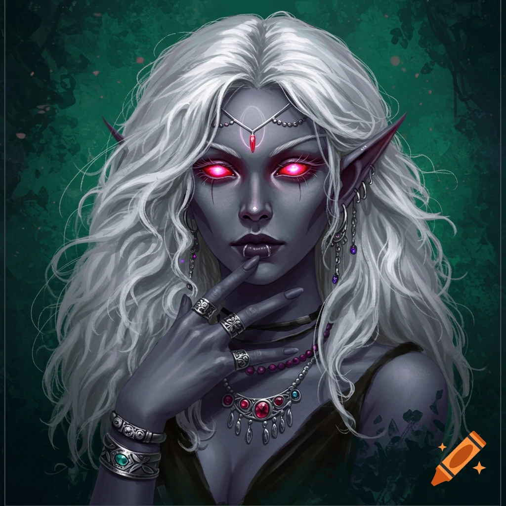 An image of a drow elf female with grey skin, white hair, red eyes, and jewelry.