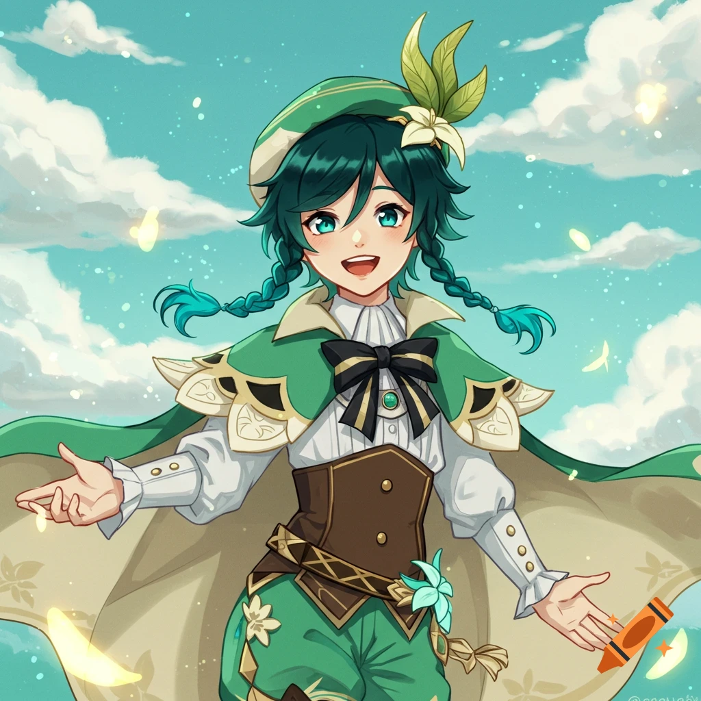 Anime character Venti is smiling with open arms against a cloudy sky.