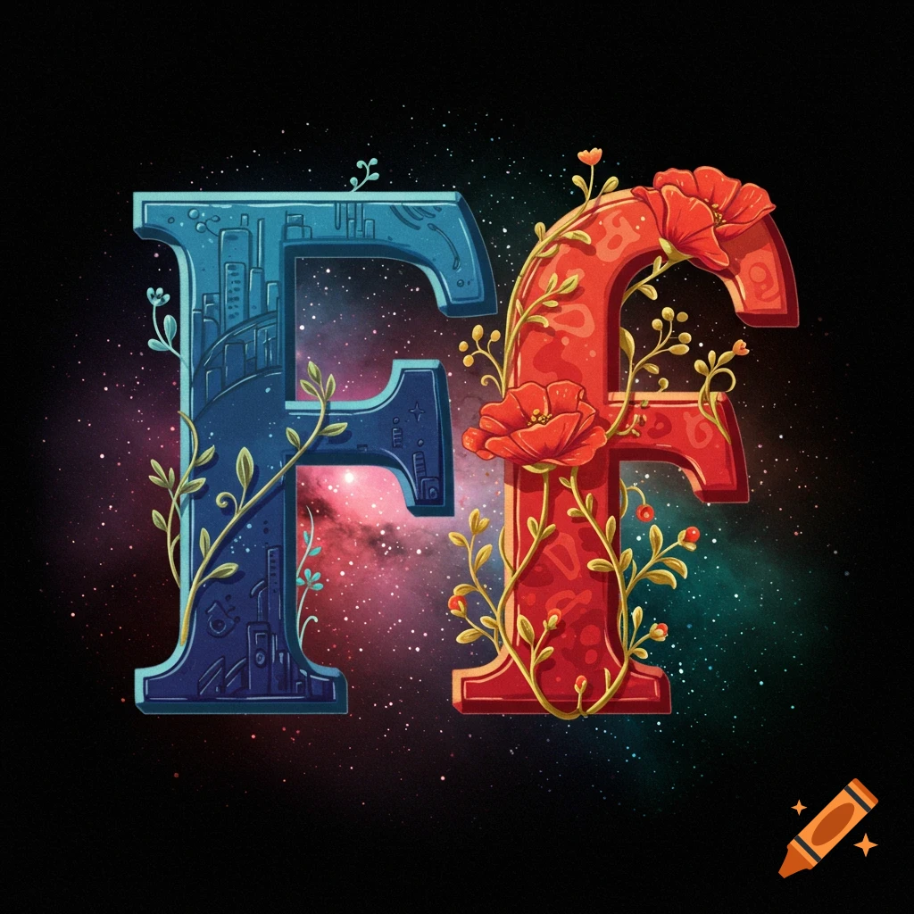A blue metallic 'F' and a red floral 'f' against a space background.