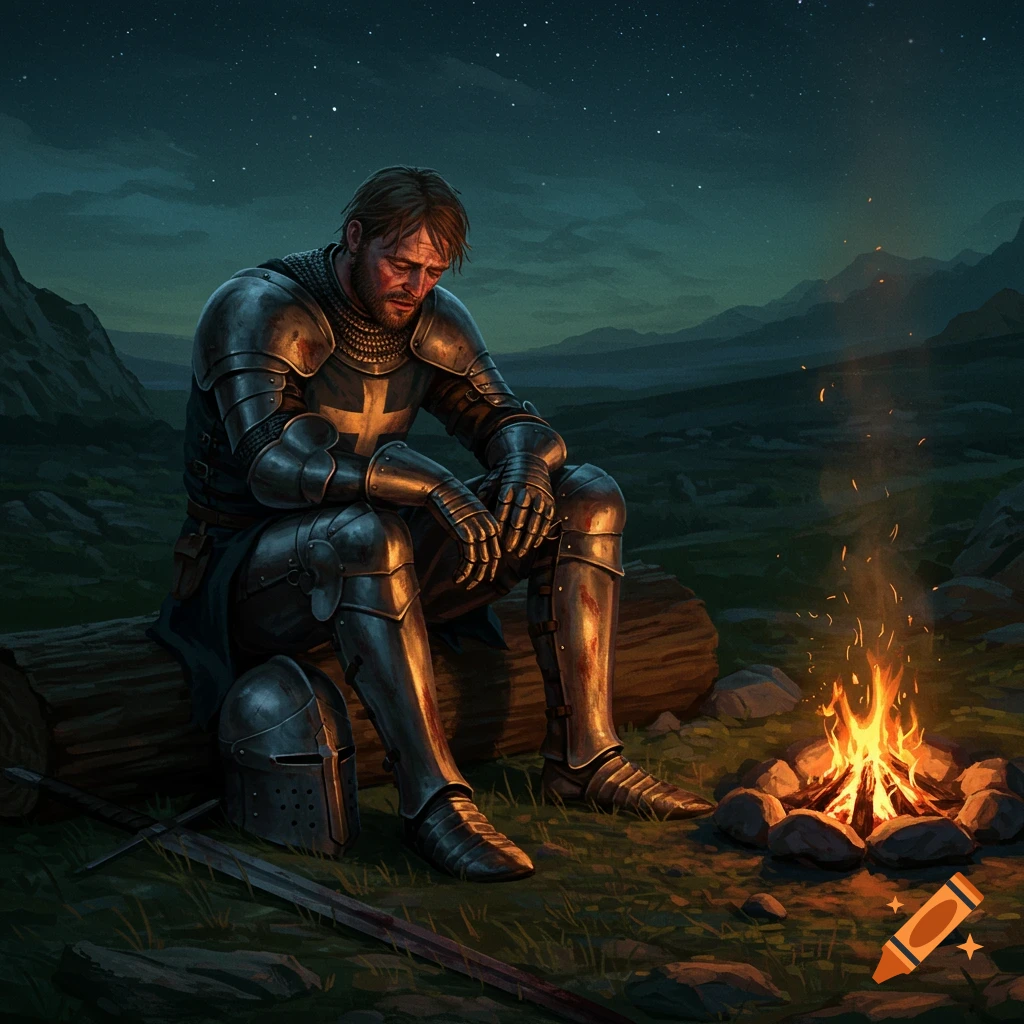 A sad medieval knight sits by a campfire at night.