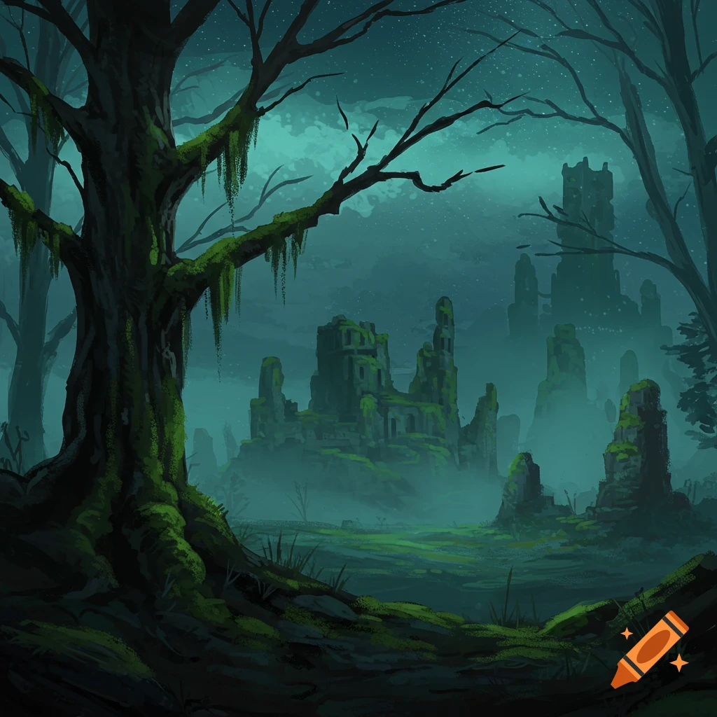 An ancient, mossy forest at night with decayed castles in the misty background under a starry sky.