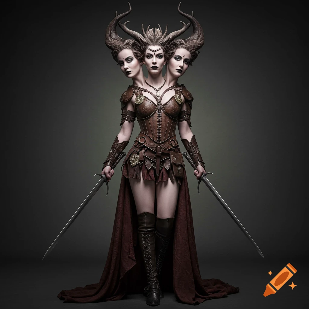 Three-headed fantasy warrior woman in leather armor with swords.