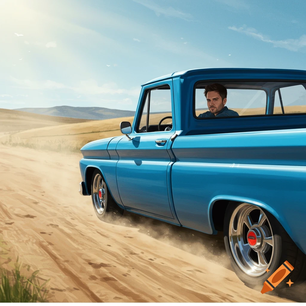 A man drives a blue pickup truck on a dirt road through a dry, hilly landscape.
