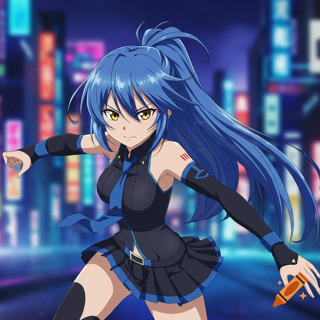 Anime girl with blue hair in a city background.