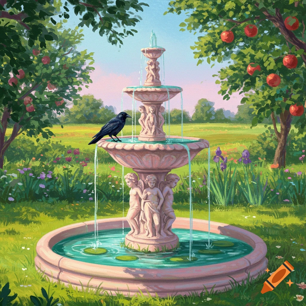 A crow sits on a fountain in a sunny garden landscape painted in the style of Claude Monet.