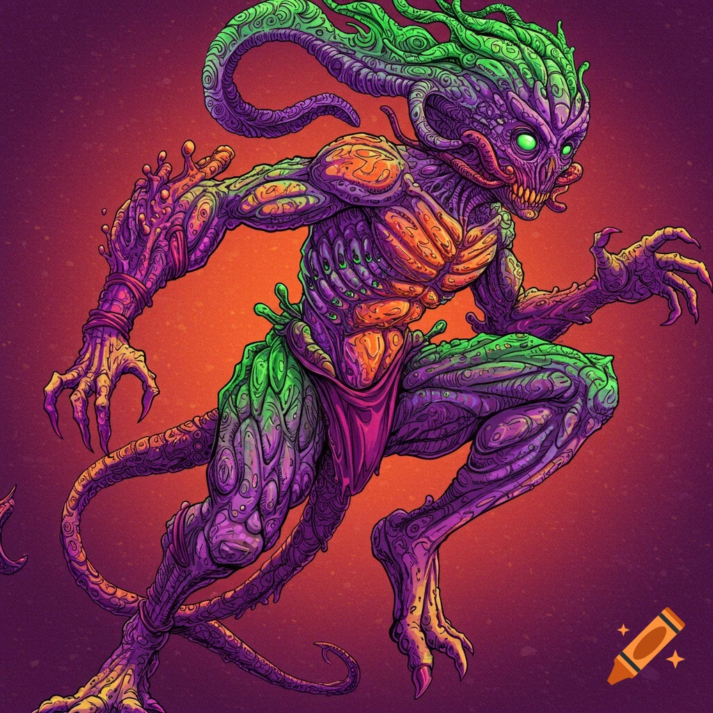 Stylized digital art of a creature with green tentacle hair and purple/green patterned skin in a dynamic pose.