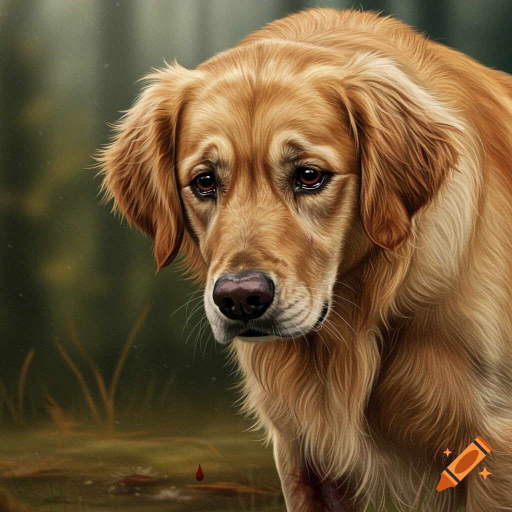 Illustration of a sad golden retriever dog with a tear and drop of blood in a forest.