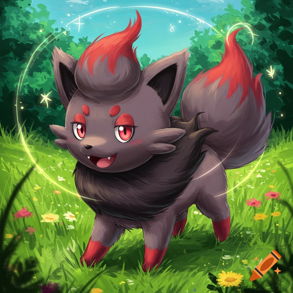 A picture of the Pokemon Zorua standing in a sunlit meadow with flowers, surrounded by a glowing ring.