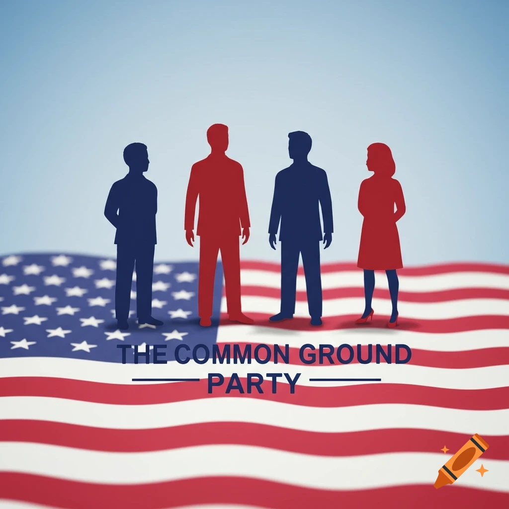 Four red and blue silhouettes stand on an American flag above text.