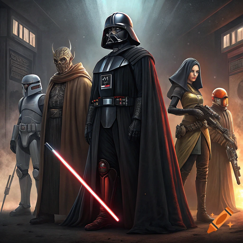 Darth Vader, a stormtrooper, and other characters stand in a line in a dark, futuristic setting.