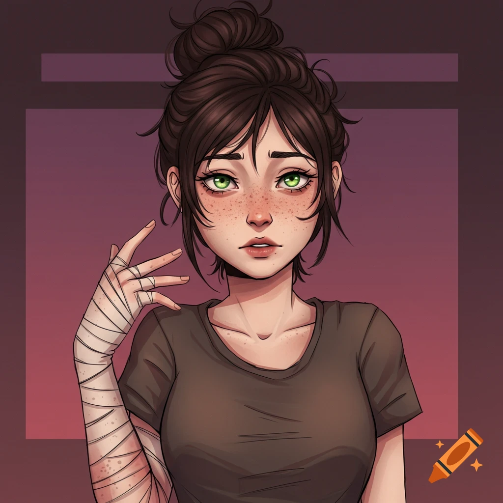 Illustration of a young woman with a messy bun, green eyes, freckles, and a bandaged arm.