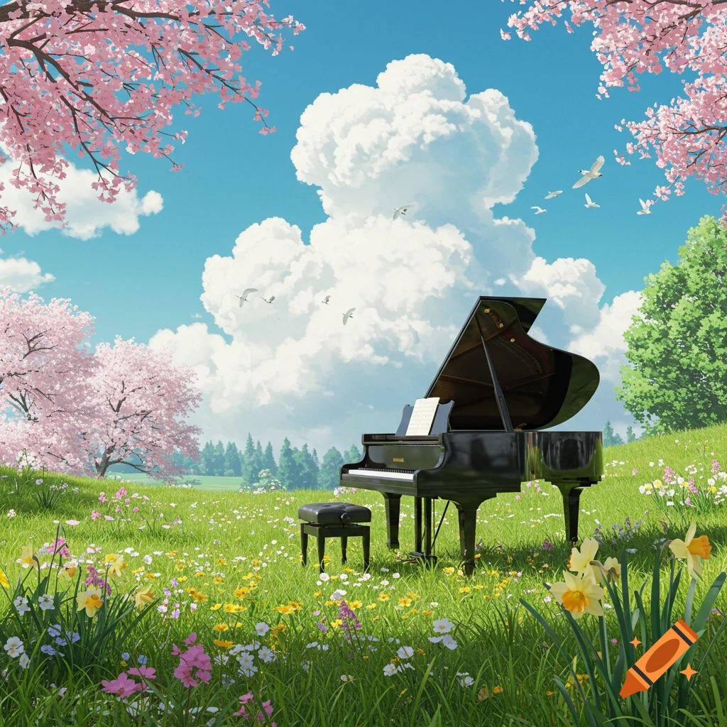 Grand piano in a flowery field with cherry trees, clouds, birds, in anime style.