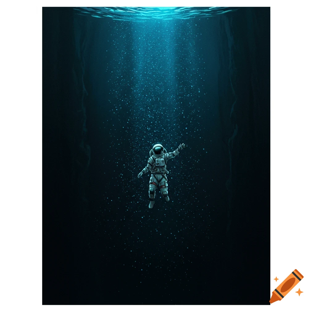 An astronaut floats in a deep dark abyss with light rays filtering down and blue particles rising.