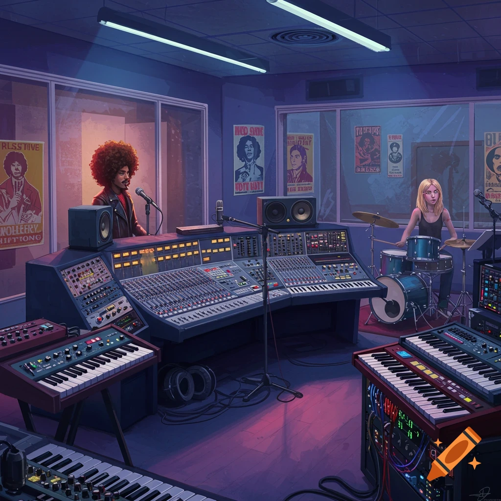 A music recording studio with musicians at a mixing desk and drums.