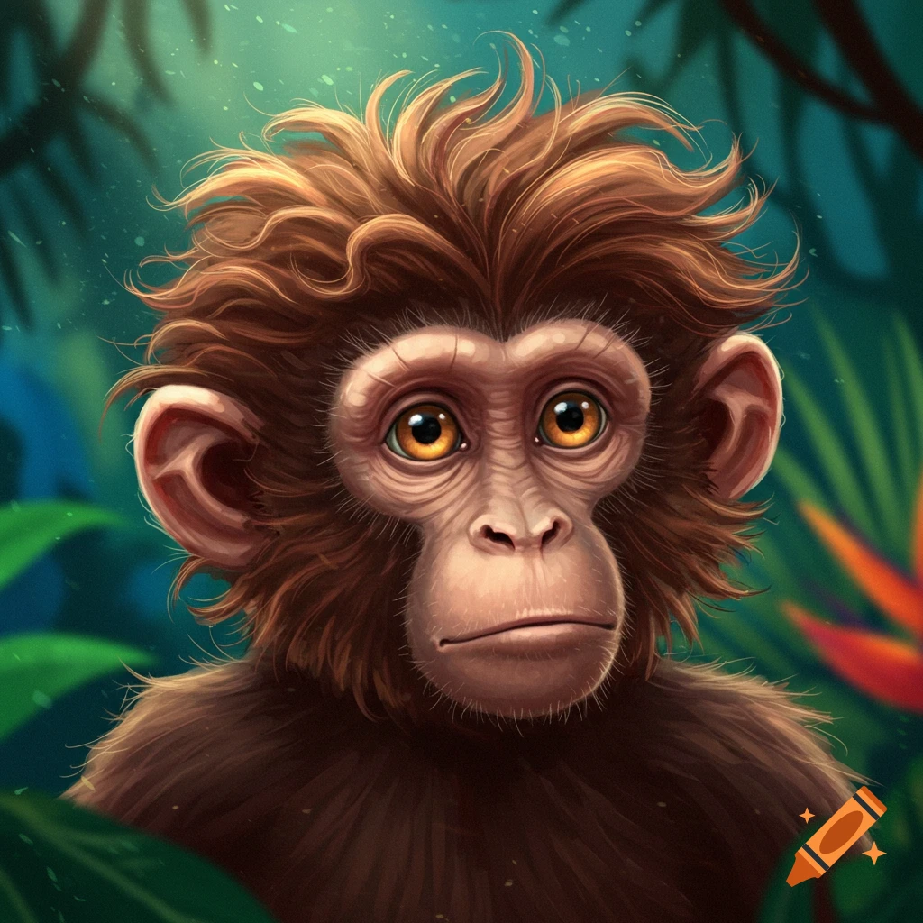A monkey with wavy brown hair is in a jungle setting.