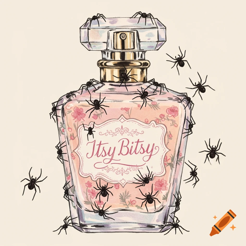 Perfume bottle labeled 'Itsy Bitsy' covered in spiders.