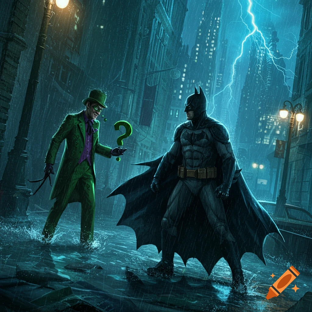 Batman and Riddler face off in a flooded Gotham street during a thunderstorm