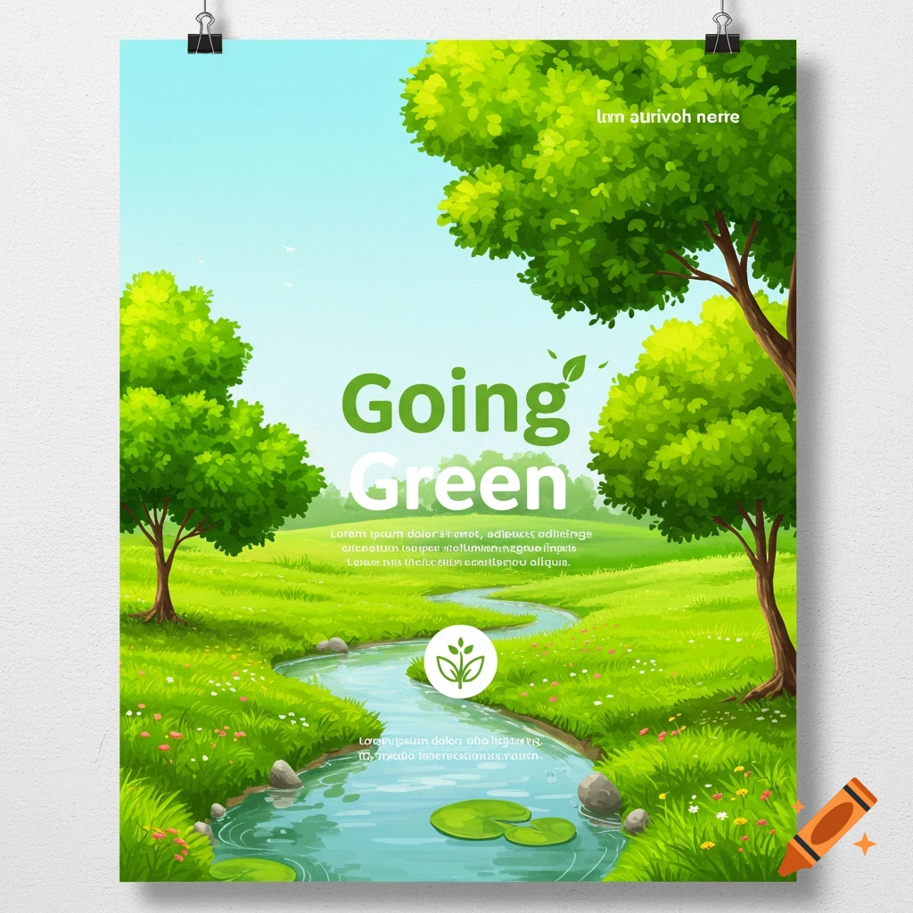 Poster featuring a lush nature scene with trees, river, and the text 'Going Green'.