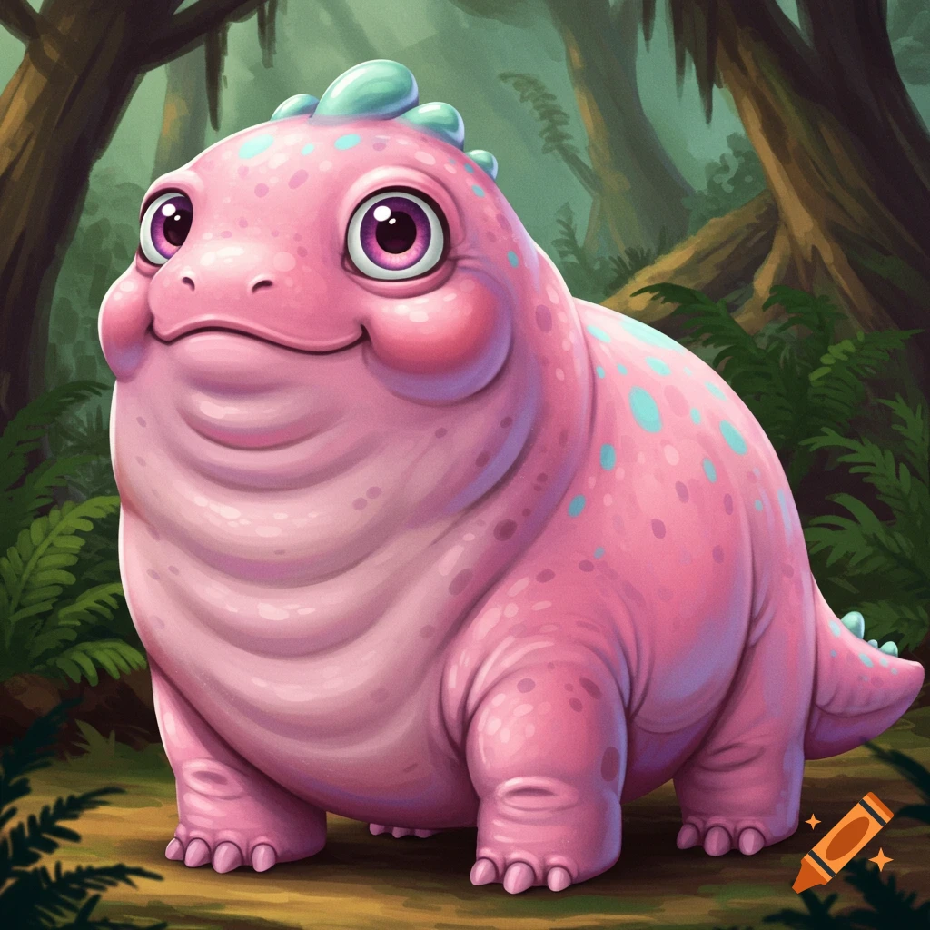 A cute, pink cartoon dinosaur with blue spots sits in a forest.