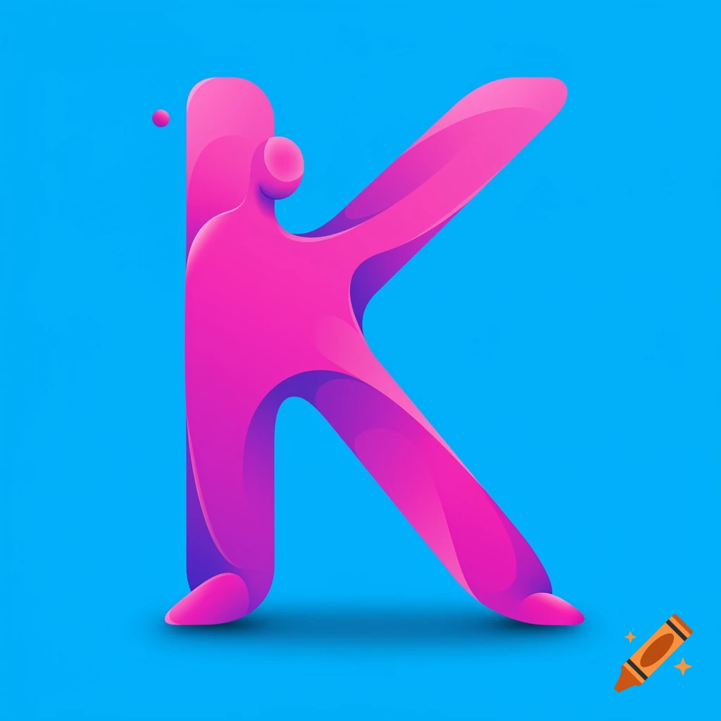 A stylized image of the letter K as a pink and purple figure against a blue background.