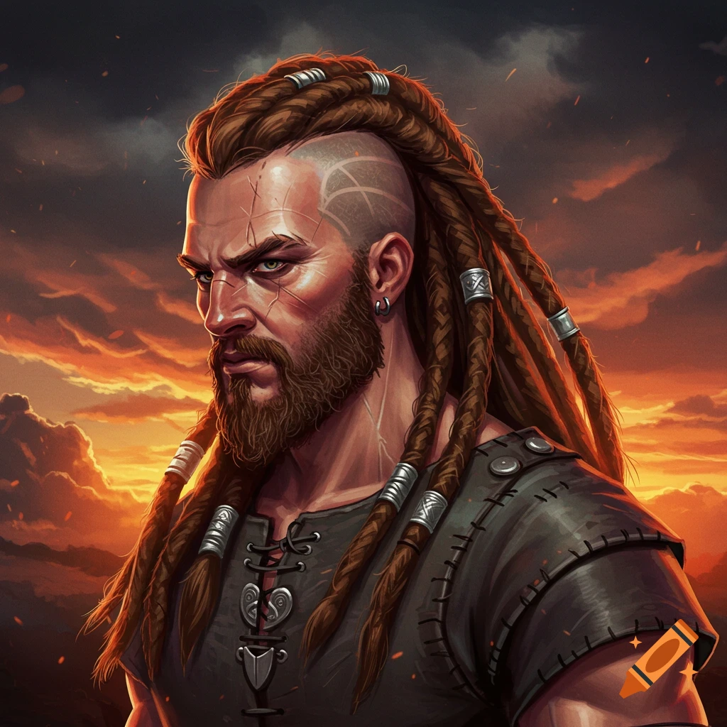 A man with dreadlocks and beard is shown against a dramatic sunset.