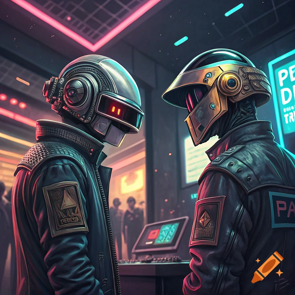 Two figures resembling Daft Punk robots in futuristic jackets in a neon-lit setting.