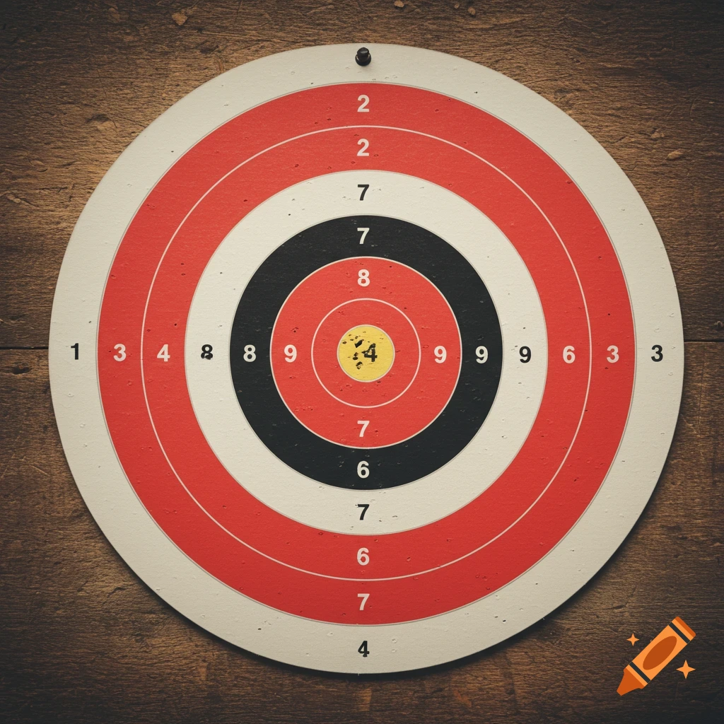 A close-up photo of a target board with scoring numbers on a wooden background.