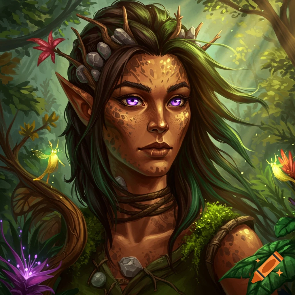 Portrait of an Earth genasi druid with speckled skin, pointed ears, purple eyes, in a forest.