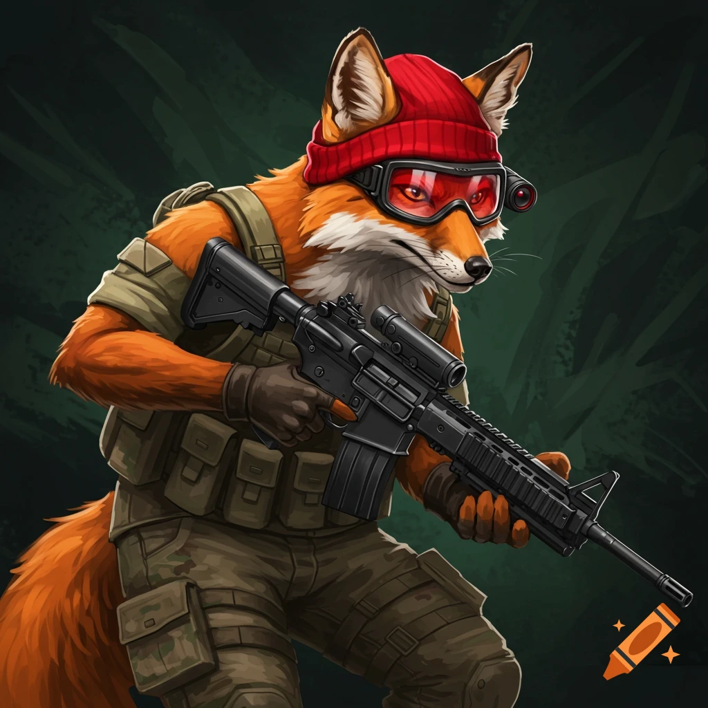 An anthropomorphic fox in military gear holding a rifle, wearing a red beanie and goggles.