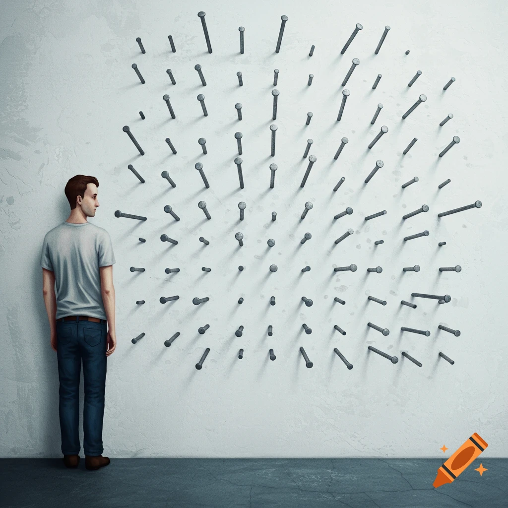 A man standing and looking at a wall covered in nails.