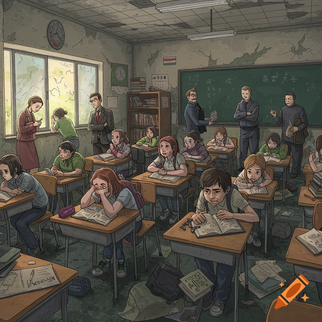 A crowded, run-down classroom with disheartened students and teachers.