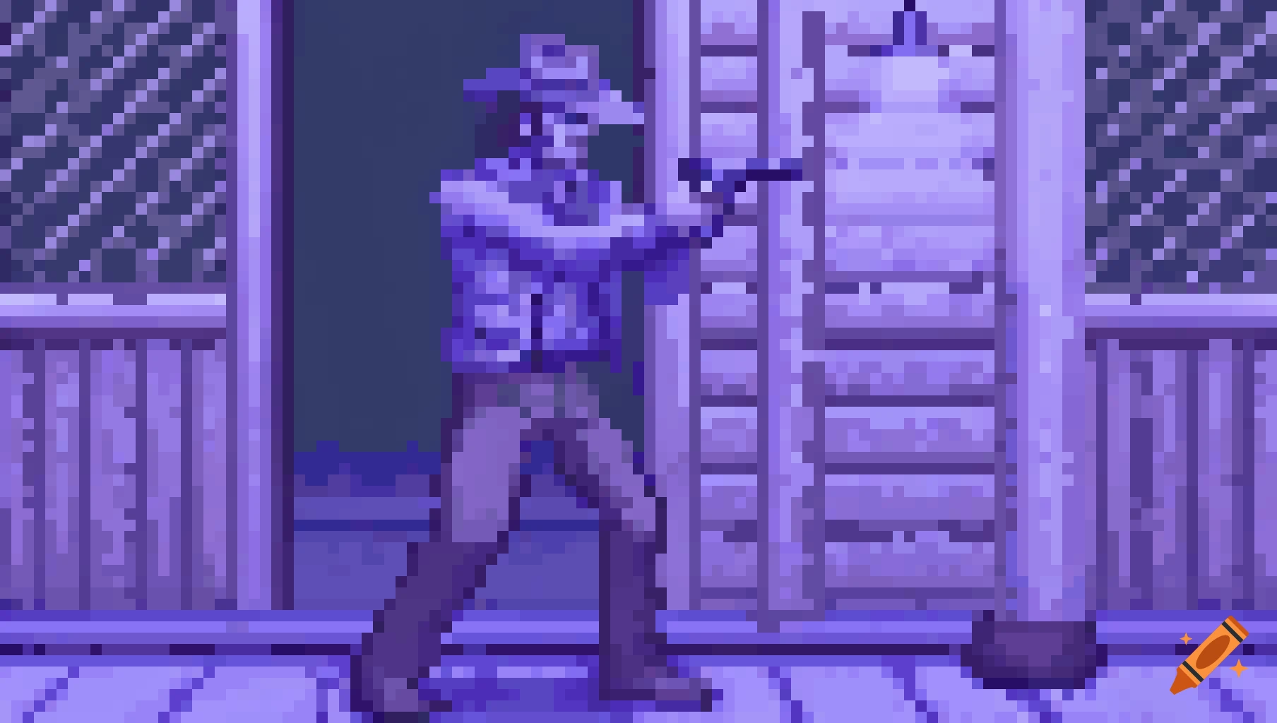 Pixel art man in hat and jacket holds a gun near a building.