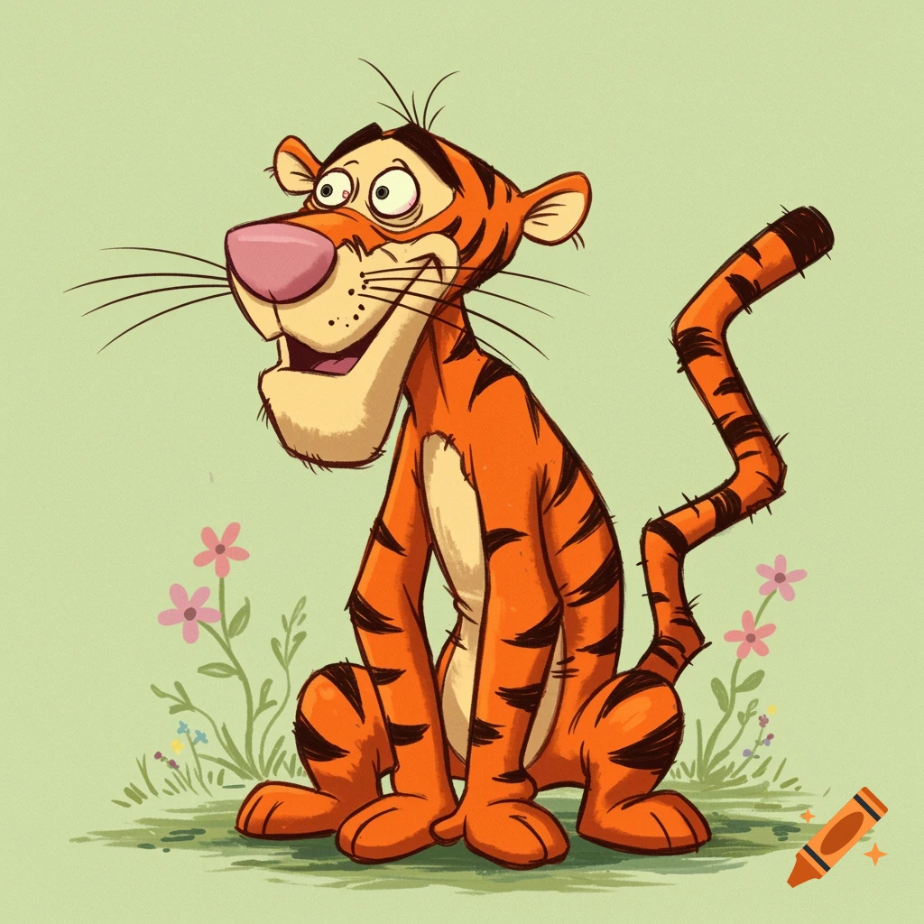 Cartoon portrait of Tigger from Winnie the Pooh sitting among flowers.